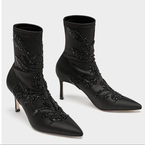 Zara Beaded Black Satin Evening Ankle Boots